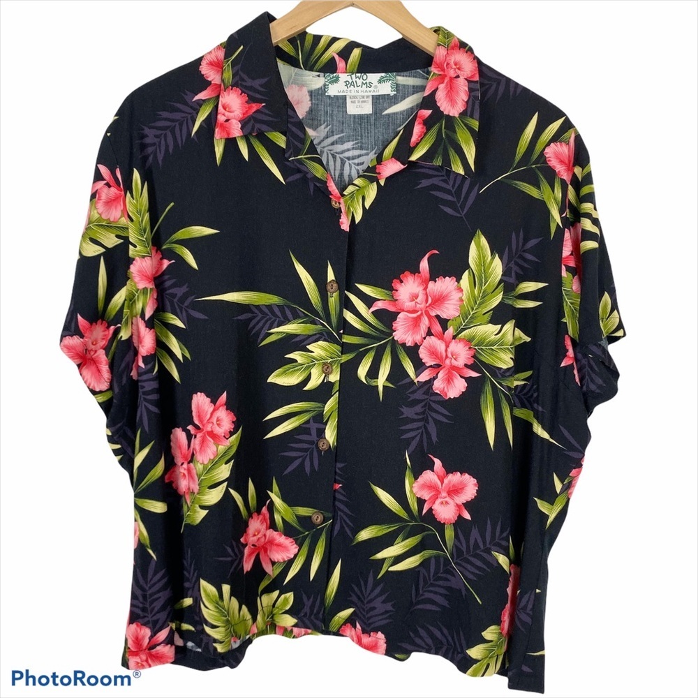 VINTAGE TWO PALMS Coconut Girl Button-Up Blouse Rayon Hawaii summer Island